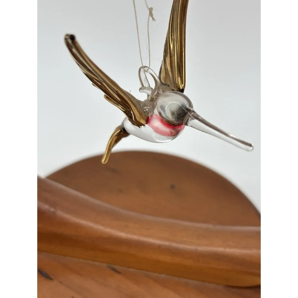 Vtg Wood Crescent Stand With Glass Hummingbird Moon Ornament Display‎ Holder 7